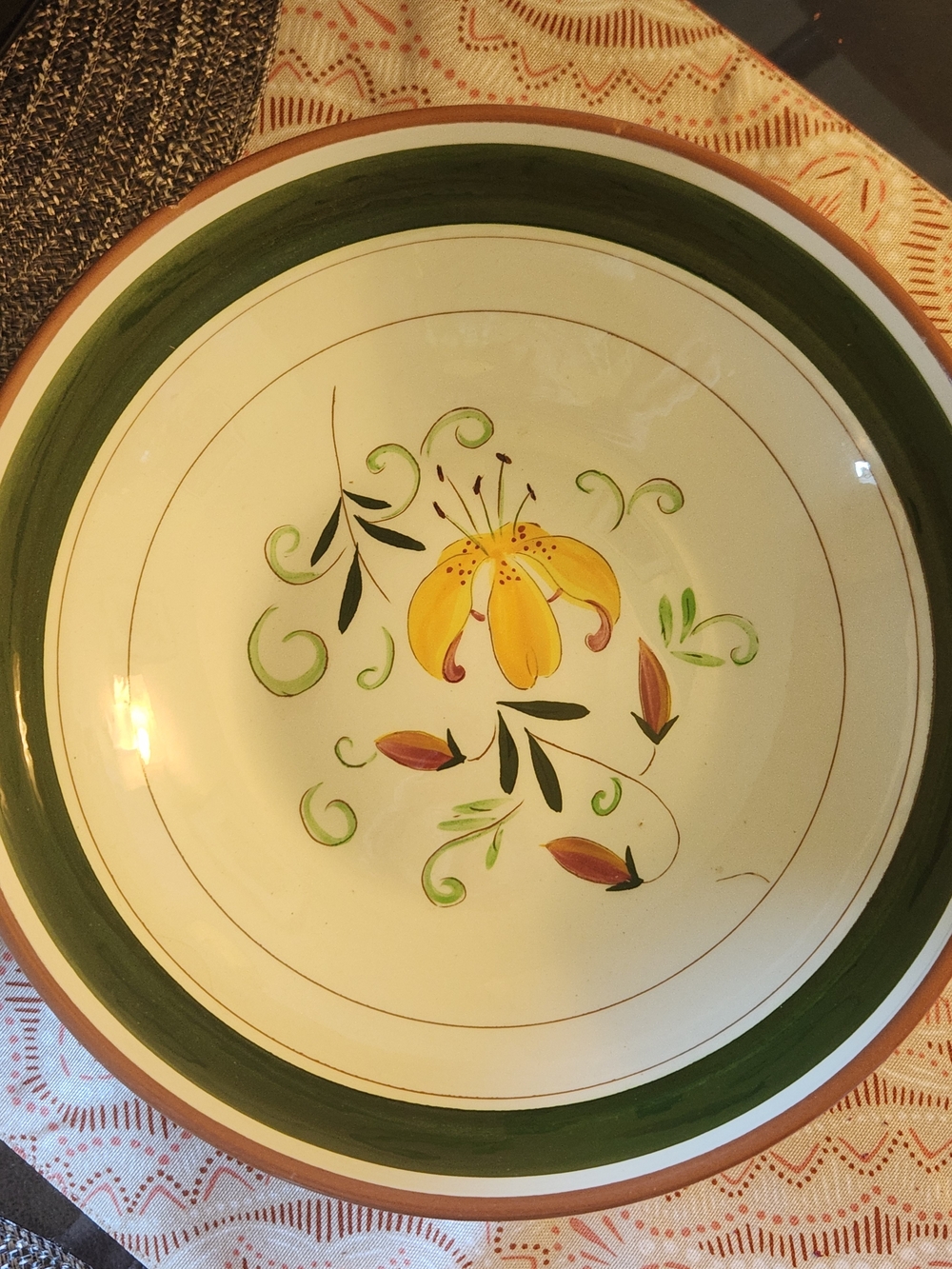 Tigerlily Hand-Painted Ceramic Serving Bowl in Green and Yellow